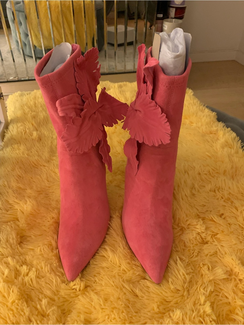 Pointed-Toe Pink Suede Ankle Booties with Petal Appliqué
Will fit 7 1/2 - 8